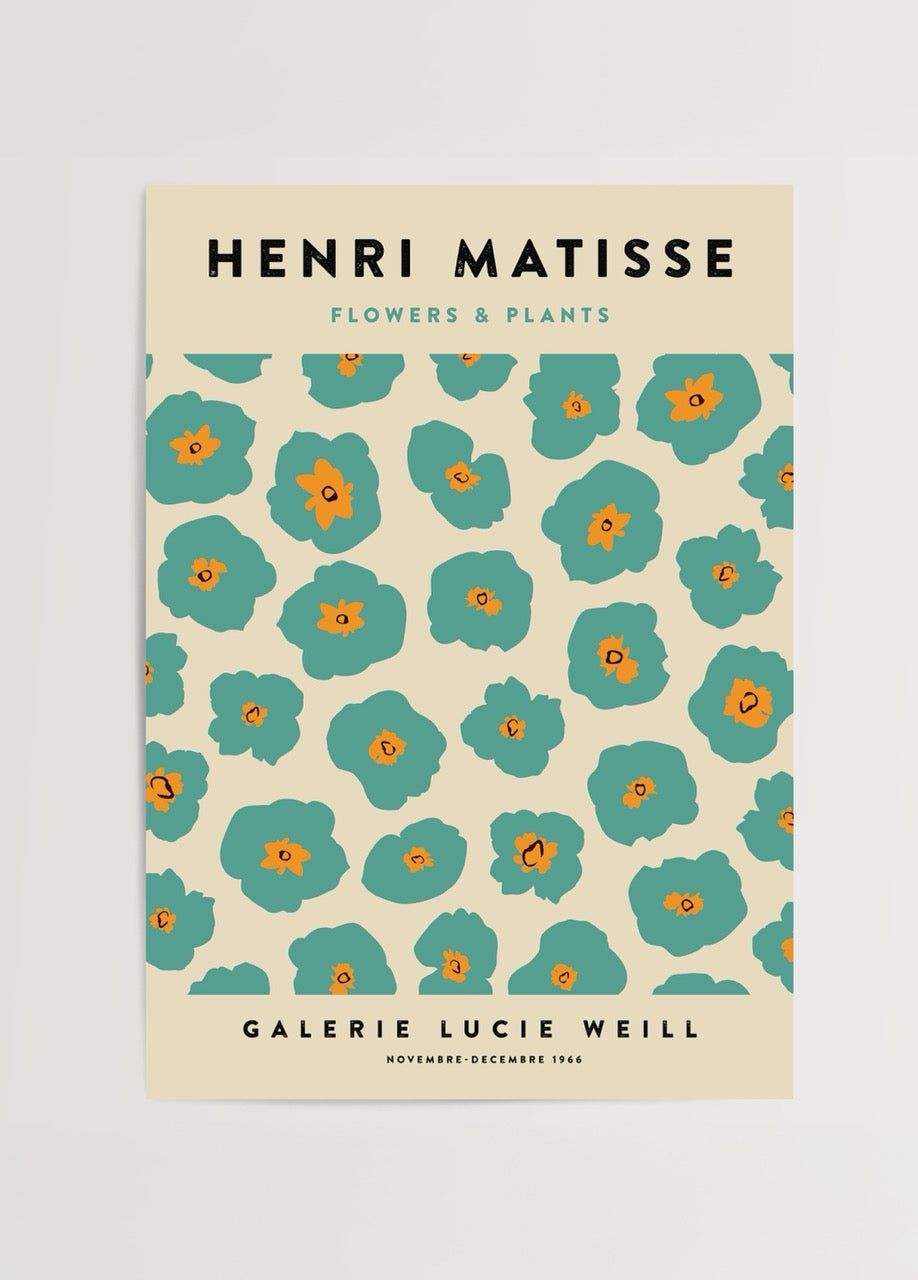 Vibrant floral poster featuring playful blooms in teal and orange.