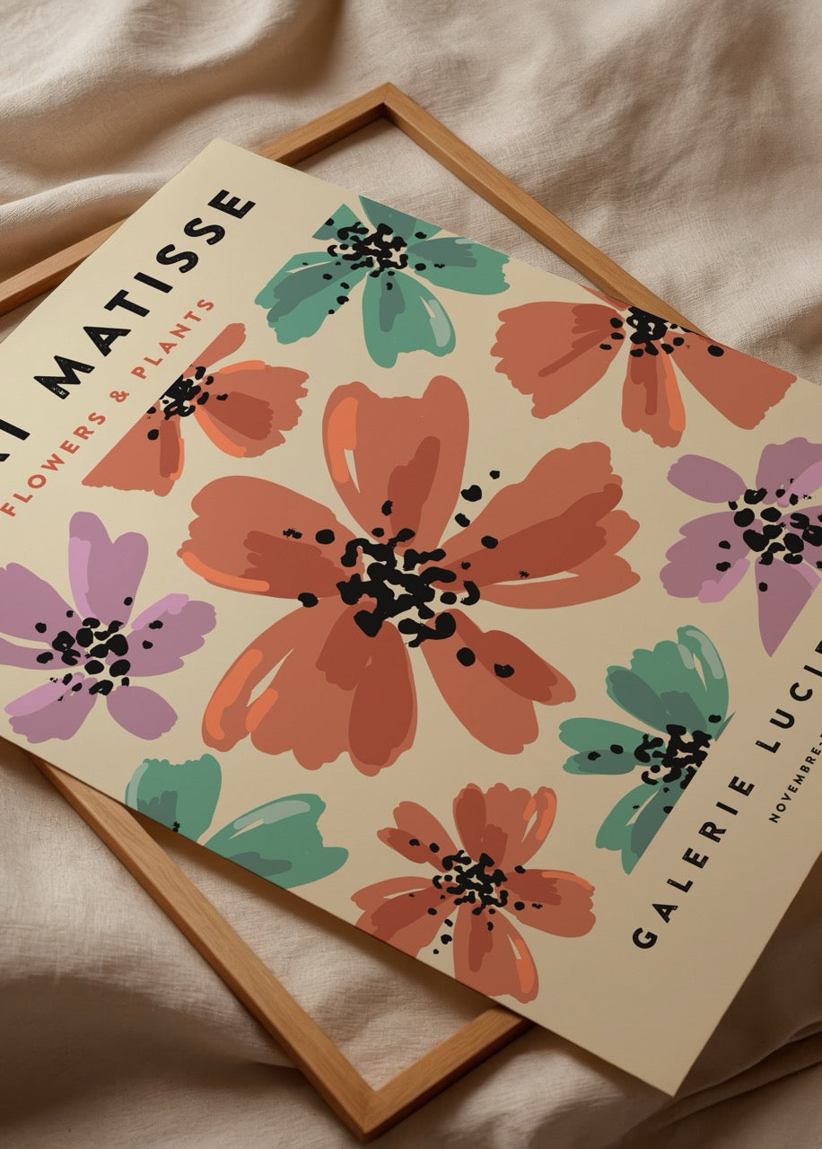 Vibrant floral artwork featuring multicoloured flowers on a cream background.