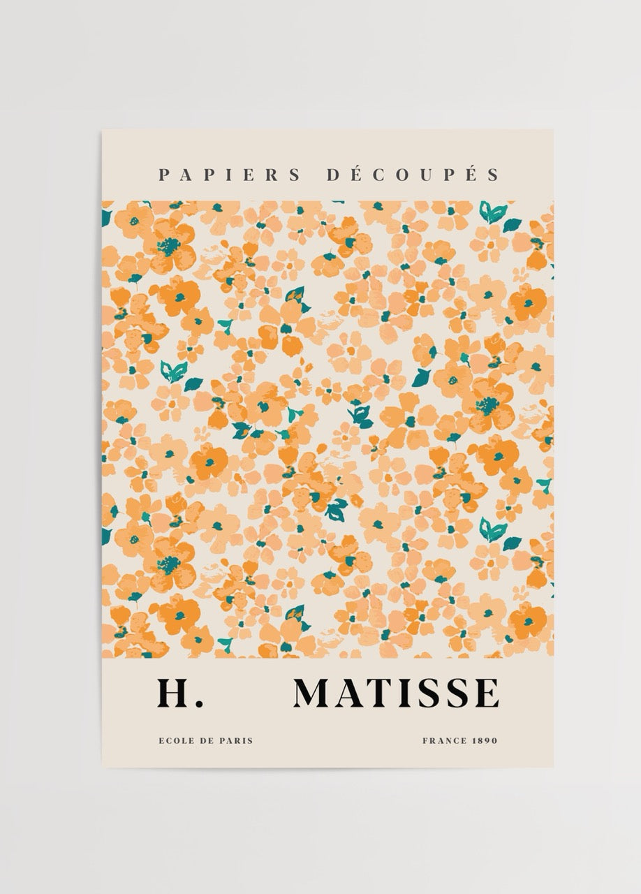 Vibrant floral poster print featuring orange flowers and green accents.