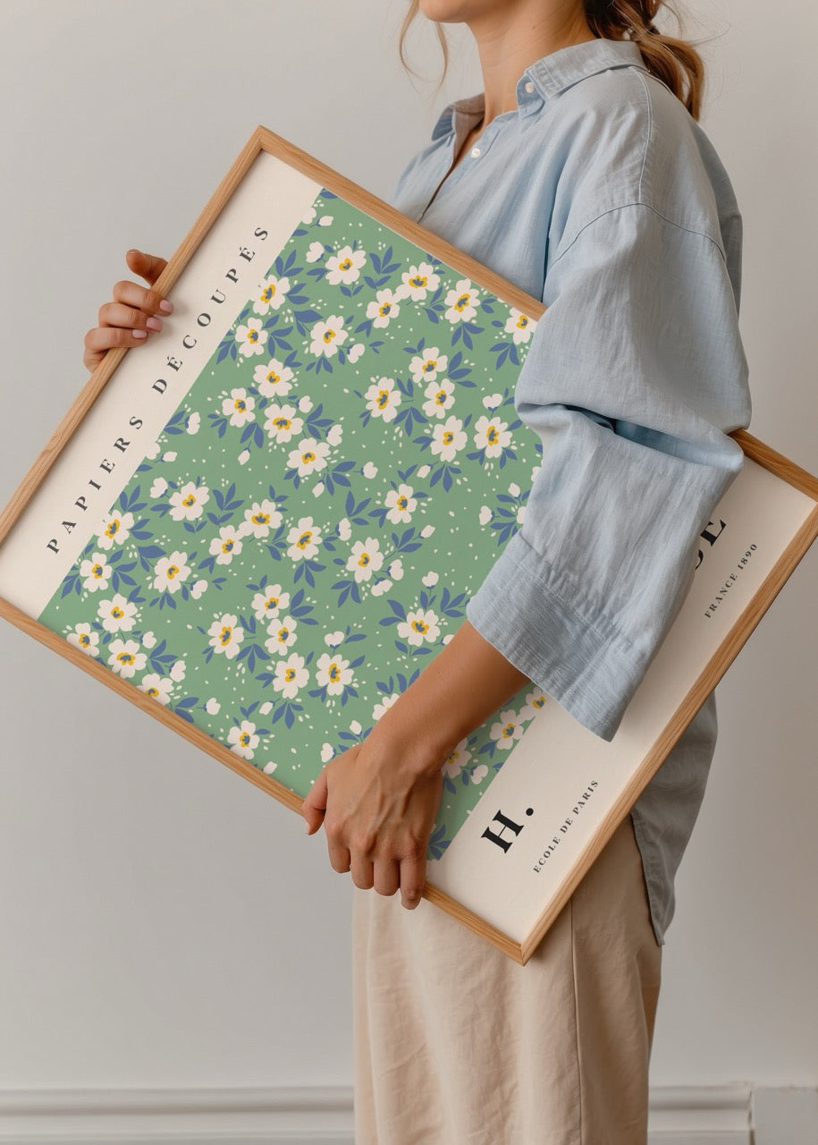 Vibrant floral artwork on a green canvas background.