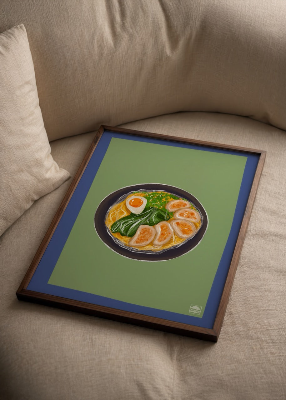 Illustration of a bowl of ramen with eggs and greens on a green background.