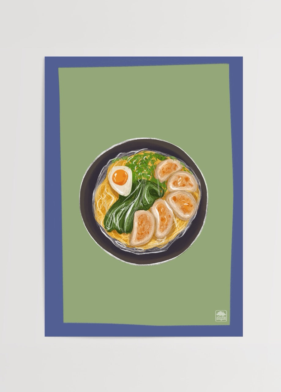 Illustration of a bowl of ramen with eggs and greens on a green background.