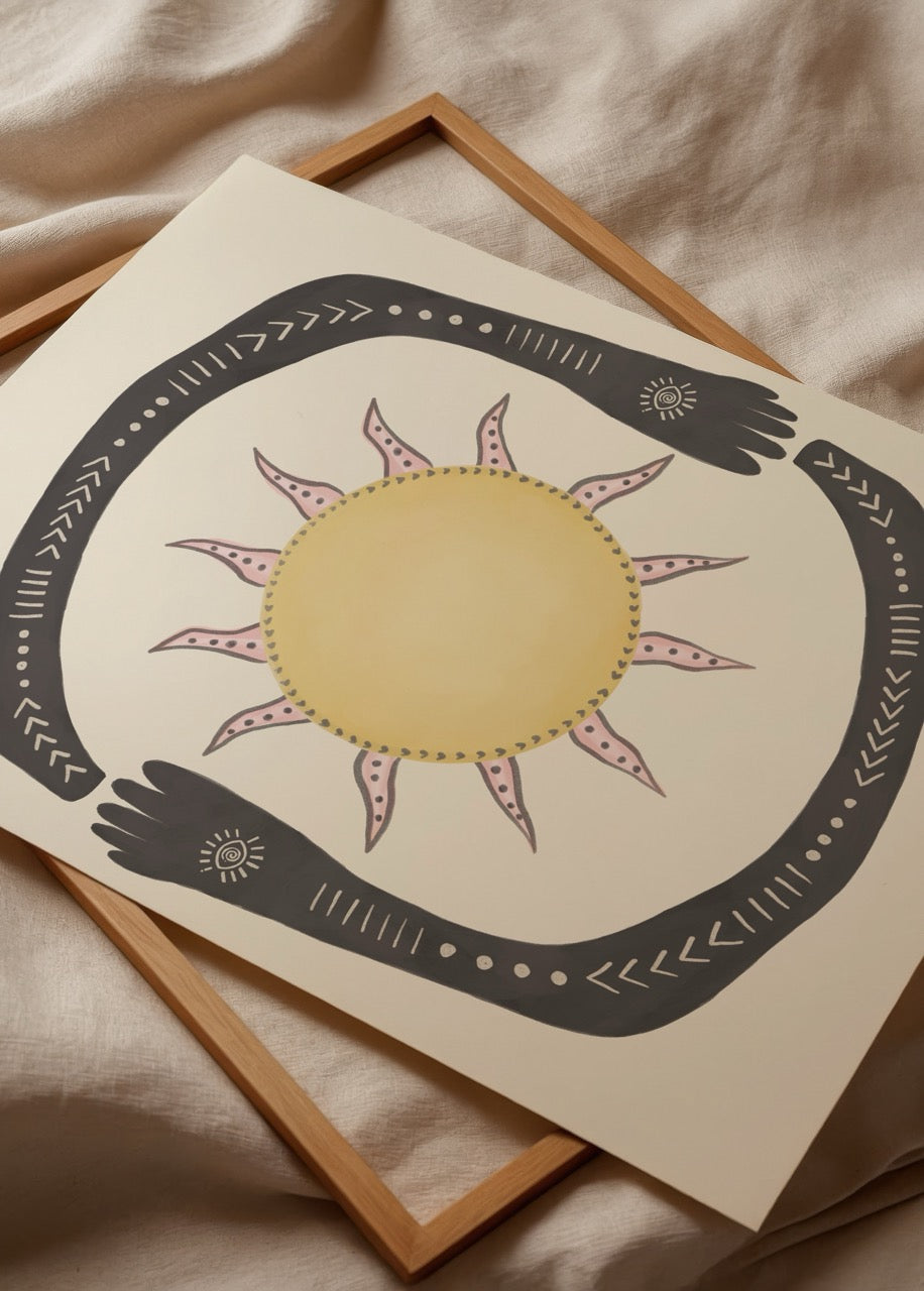 Illustration of a sun embraced by stylised hands, symbolising positivity.