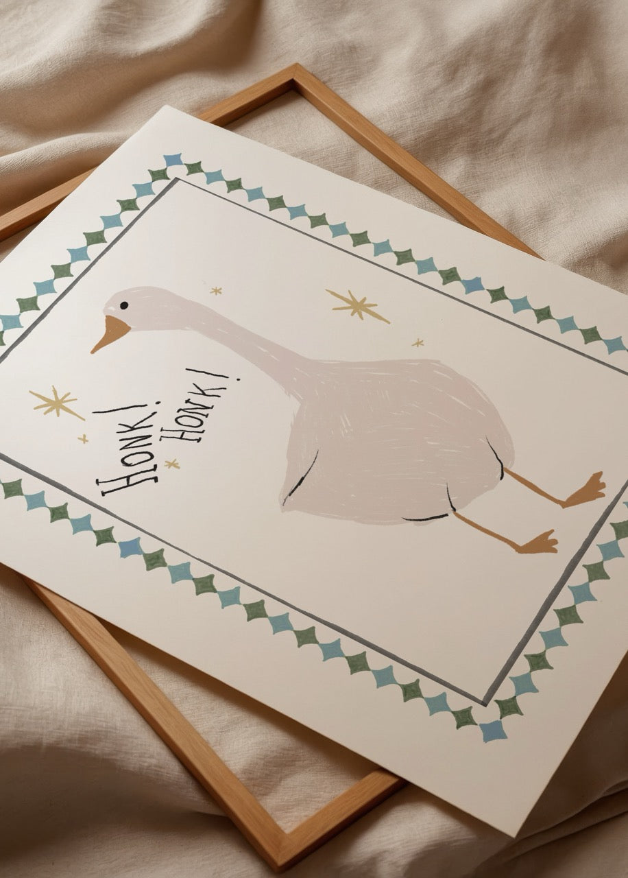 A whimsical goose illustration saying &