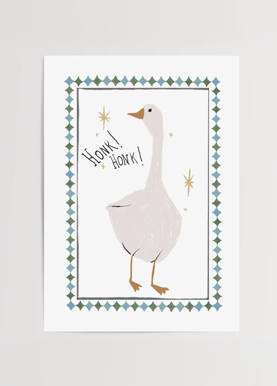 A whimsical goose illustration saying &