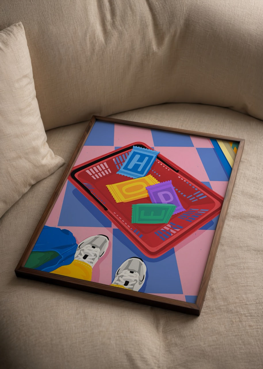 Vibrant artwork featuring letters in a basket, symbolising hope and positivity.
