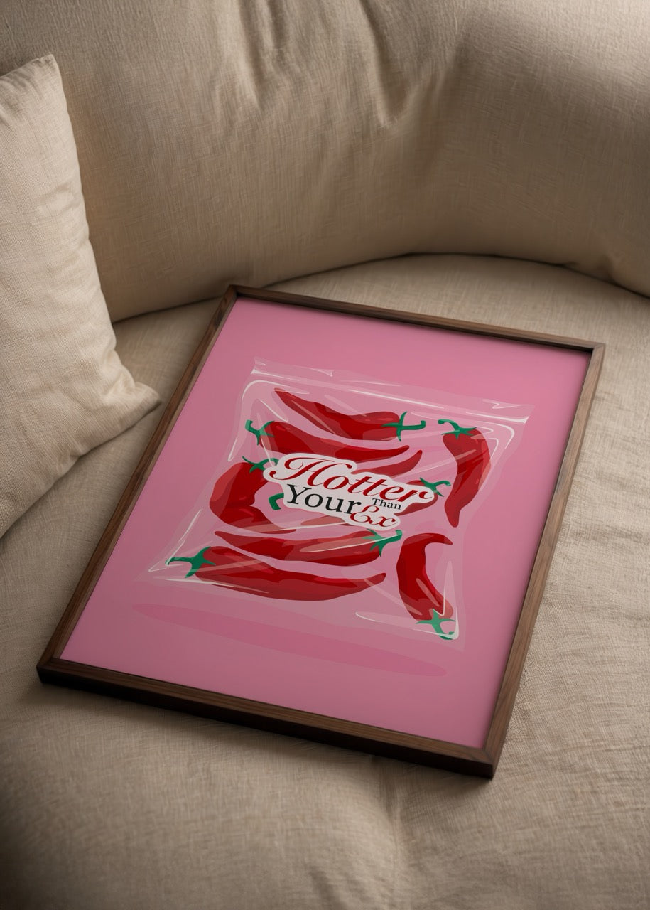 A vibrant poster featuring red chillies on a pink background with playful typography.