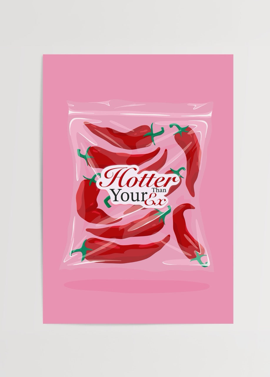 A vibrant poster featuring red chillies on a pink background with playful typography.