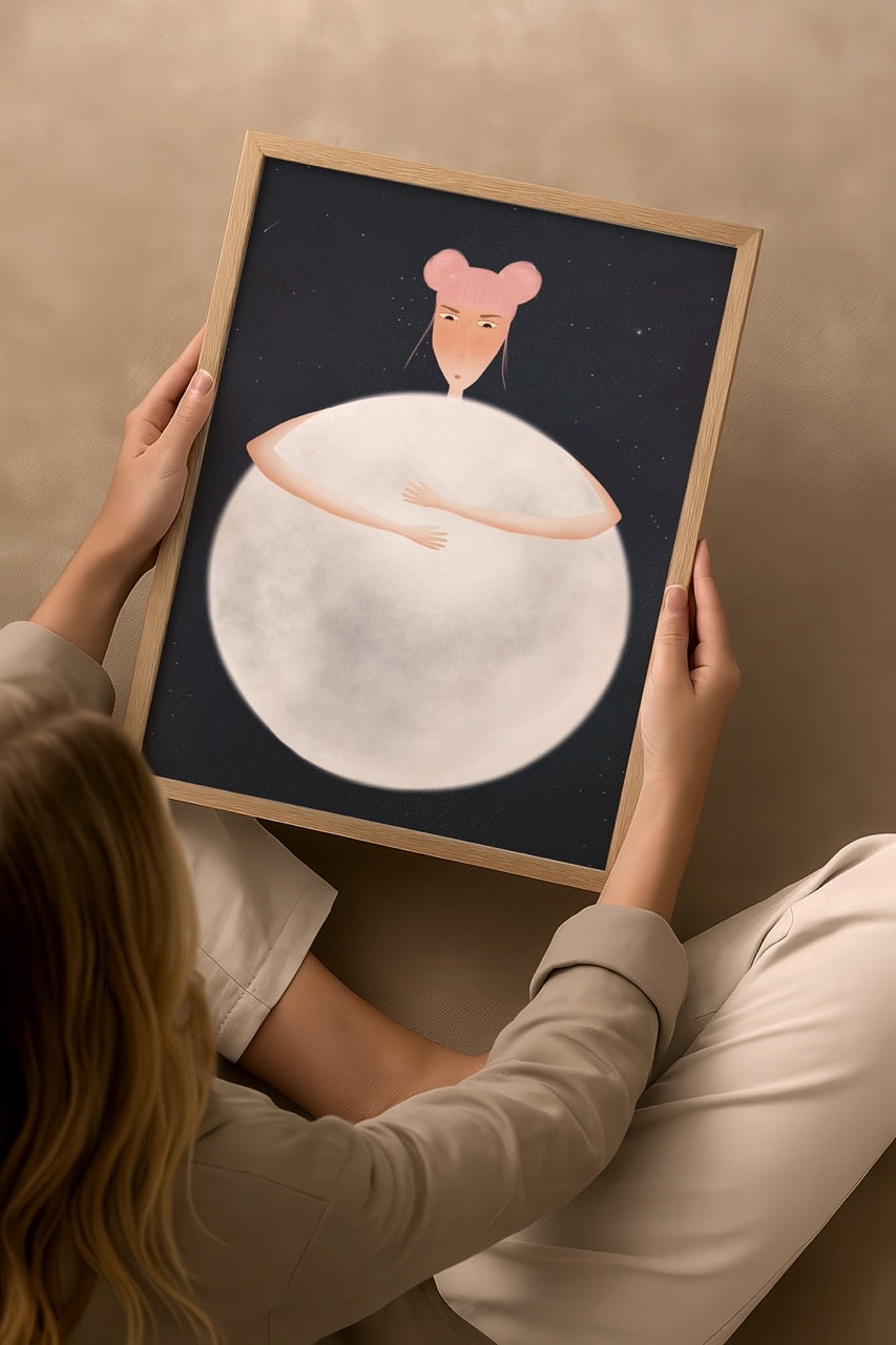 Whimsical illustration of a character hugging the moon in a starry night sky.