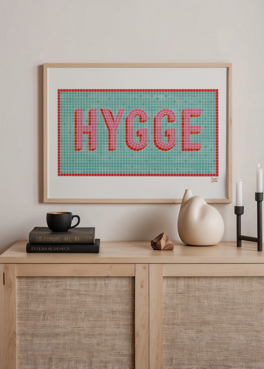Hygge Poster Print featuring bold typography on a colourful background.