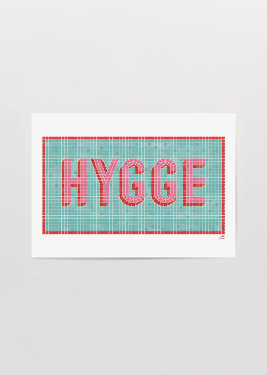 Hygge Poster Print featuring bold typography on a colourful background.
