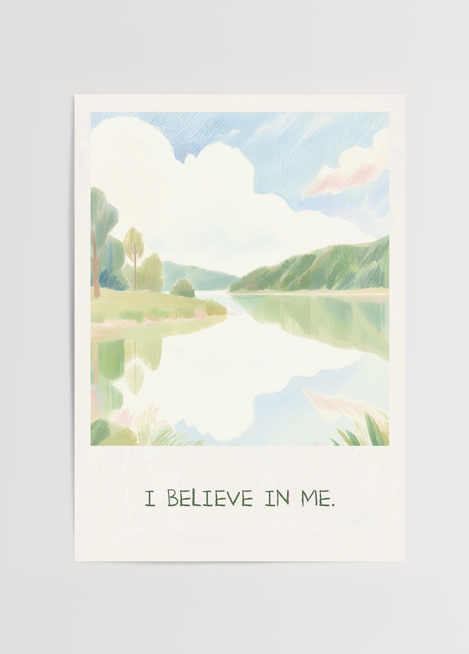 A serene landscape art print featuring a reflection on water with the text &