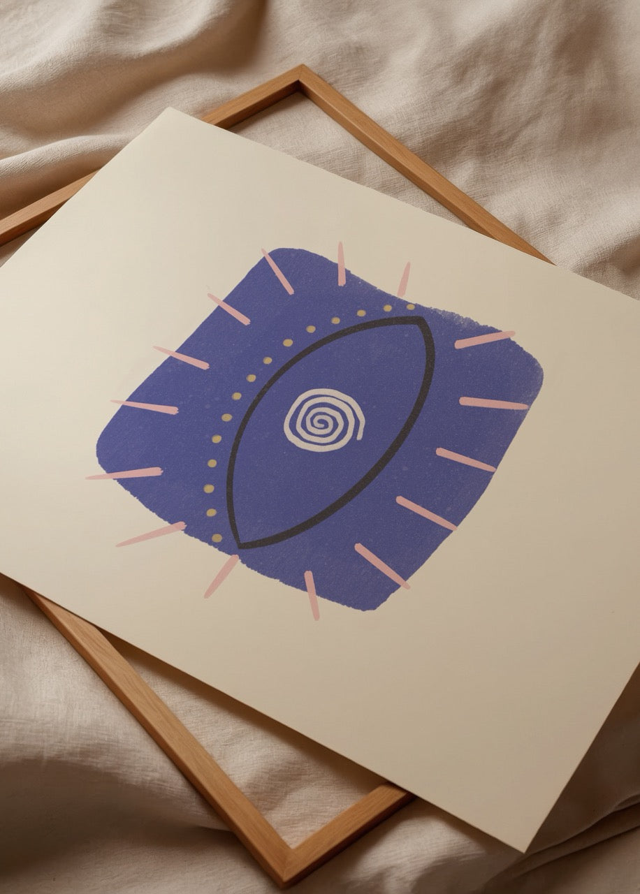 Modern poster print featuring a stylized eye design in blue.
