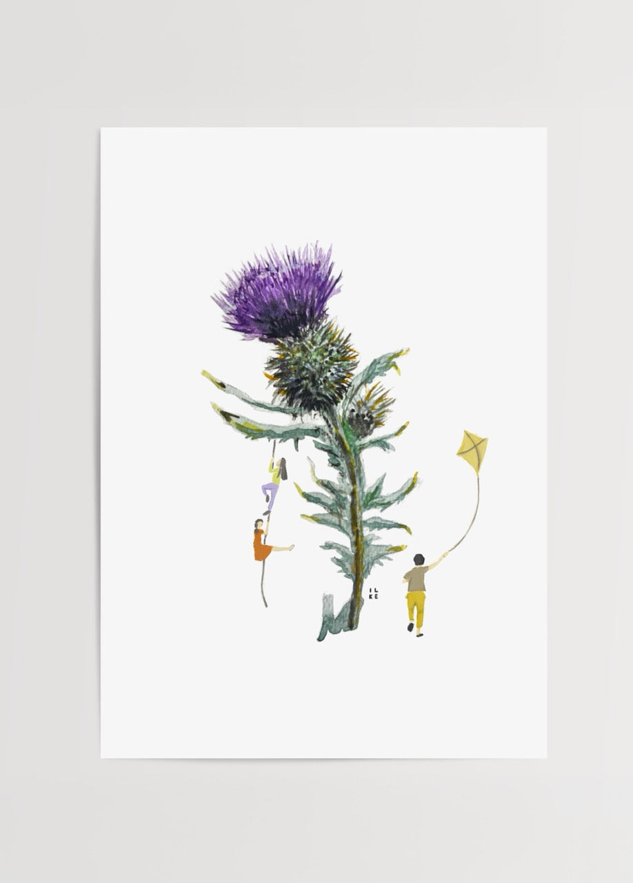 Illustration of a thistle with whimsical figures playing around it, perfect for wall art.