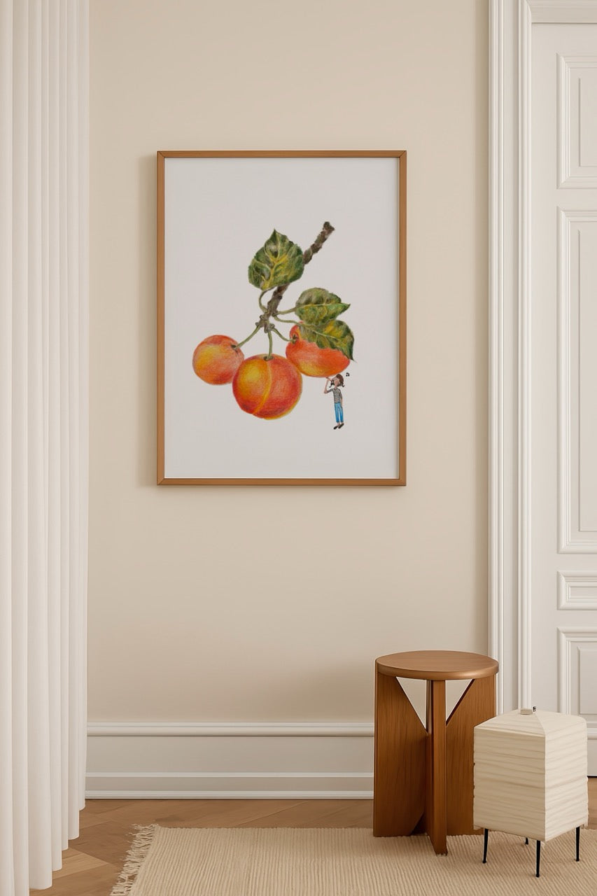 Vibrant illustration of fruits with detailed leaves and a whimsical character inspecting them.