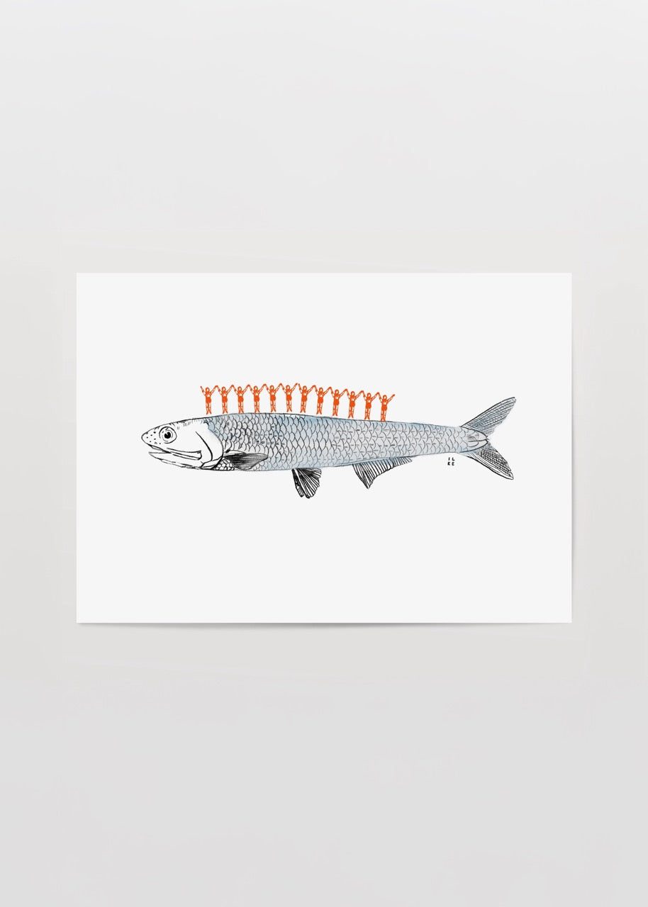 Anchovy Poster Print featuring a whimsical anchovy with vibrant figures, ideal for contemporary wall art.