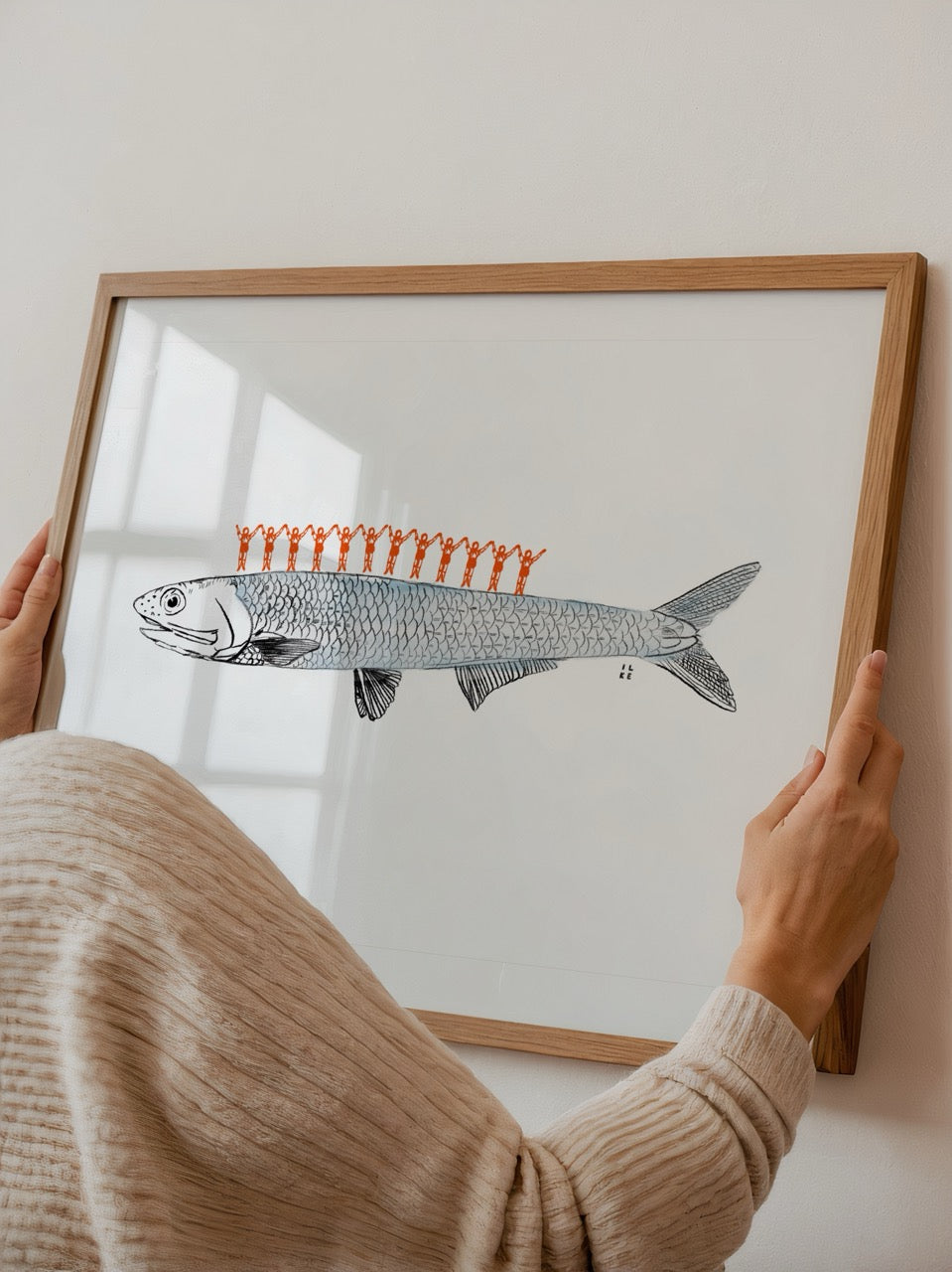 Anchovy Poster Print featuring a whimsical anchovy with vibrant figures, ideal for contemporary wall art.