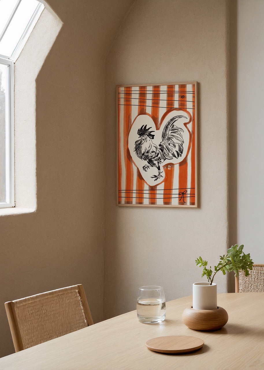 Timetable Poster Print featuring a rooster illustration on a striped background