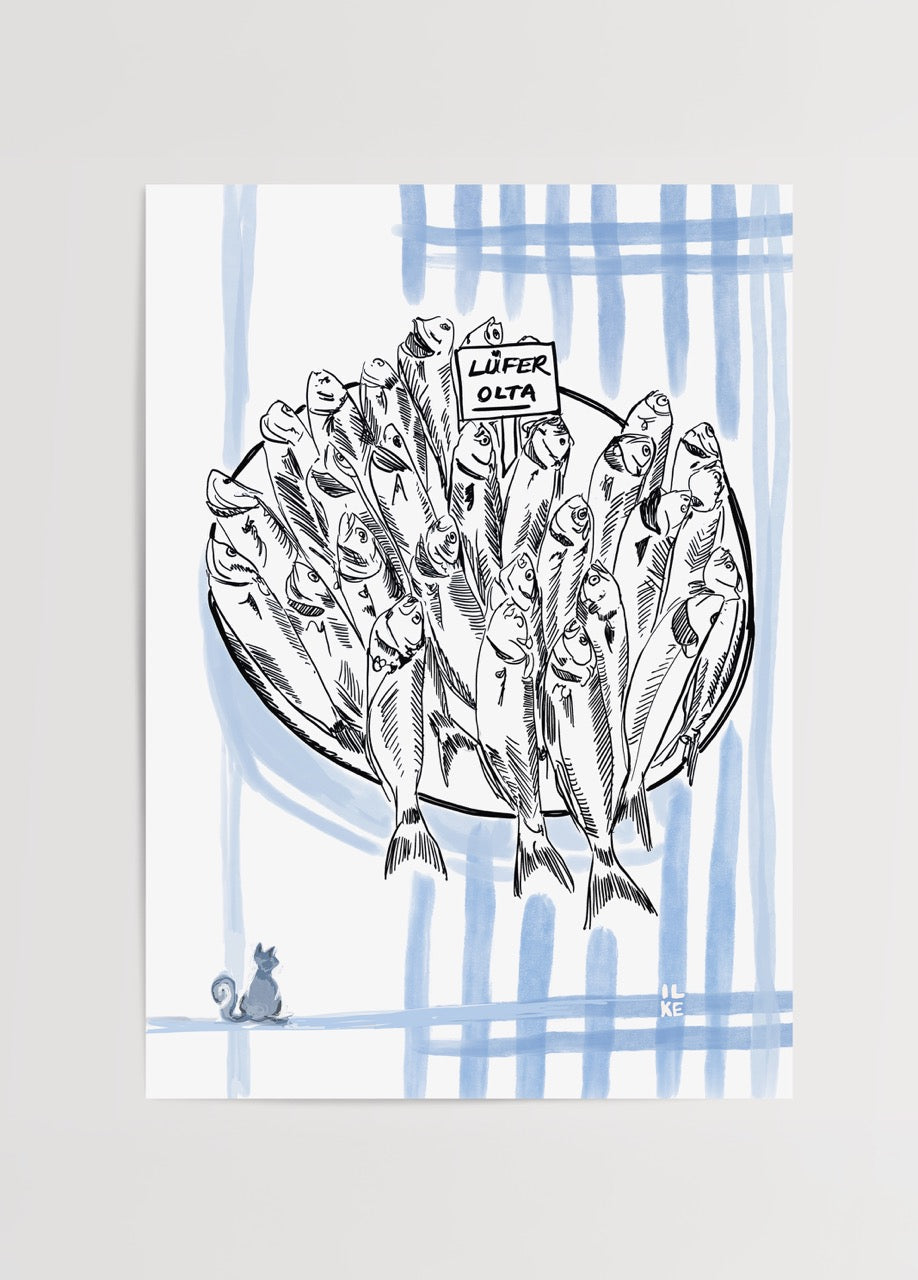 Illustration of sardines in a plate with blue stripes, perfect for kitchen decor.