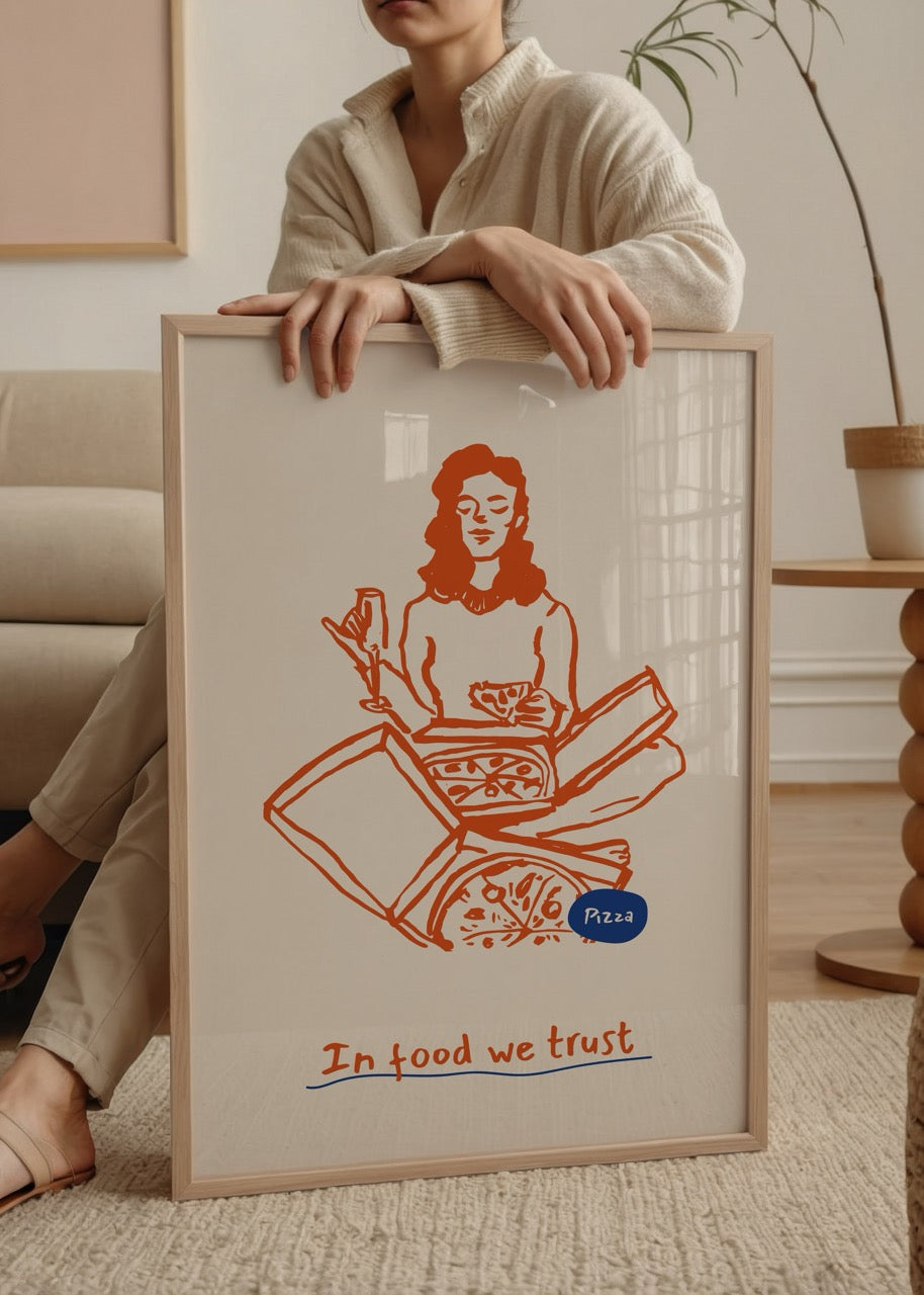 Illustrative poster featuring a woman enjoying pizza with the text &