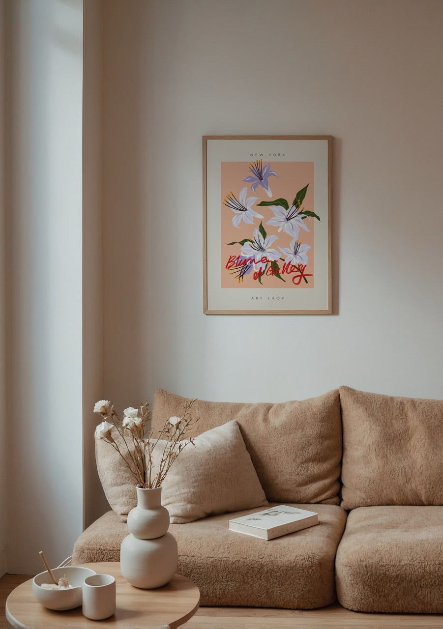 Peach Blossom Elegance Poster featuring lilac flowers on peach background