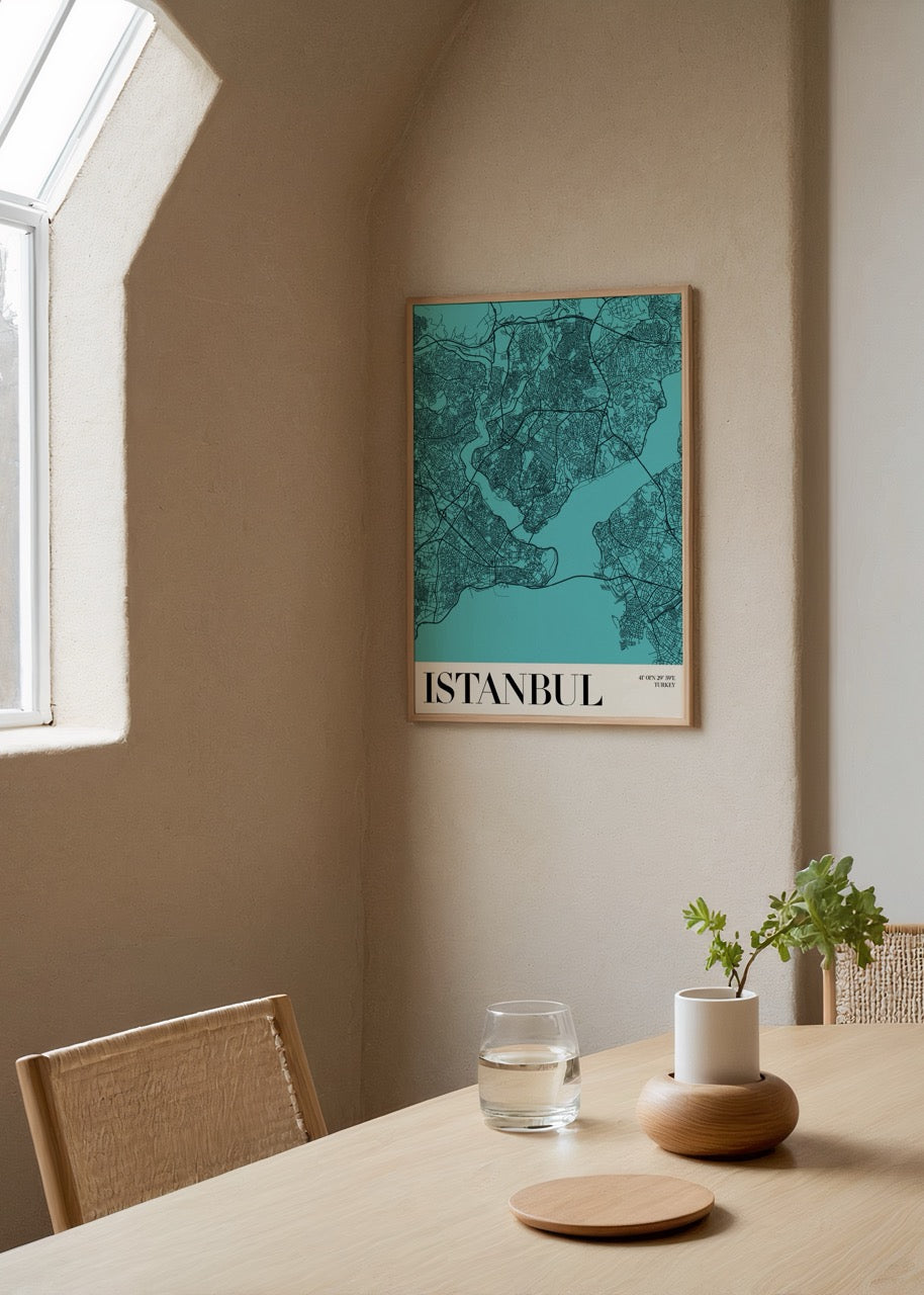 Istanbul urban map art print featuring intricate black linework on a turquoise background.