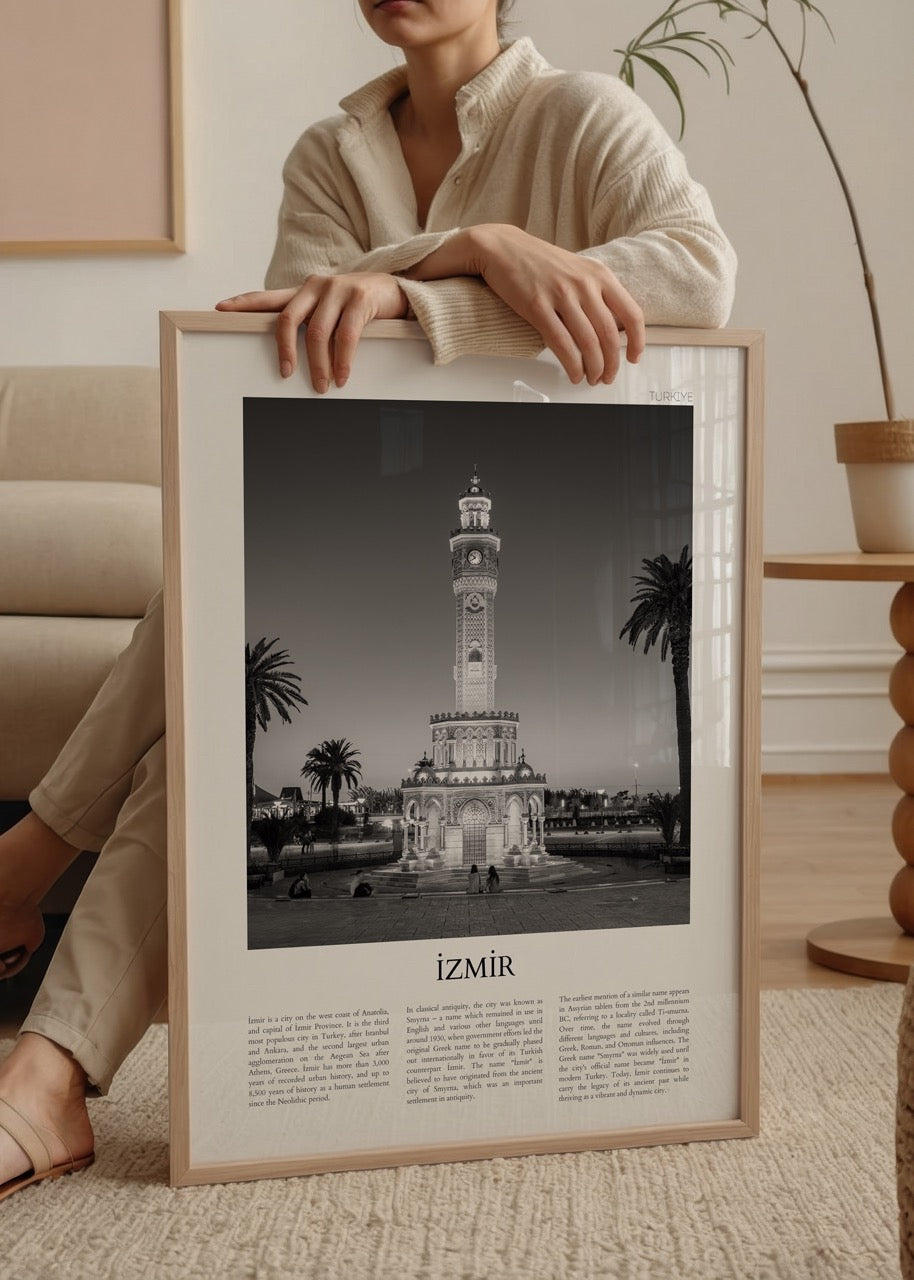 Monochrome artwork of İzmir Clock Tower, a city landmark.