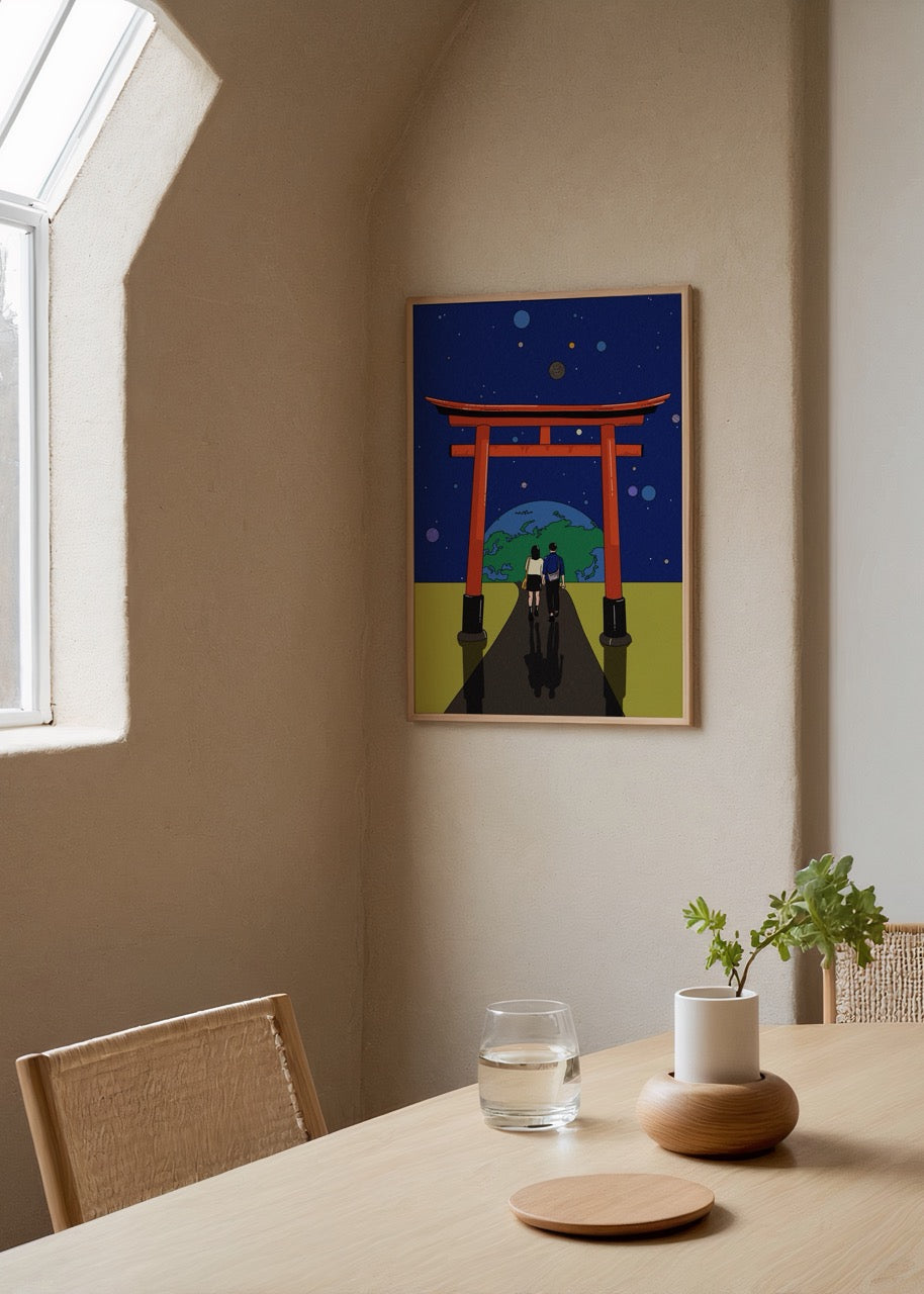 Japanese Torii Gate illustration poster print featuring vibrant colours.