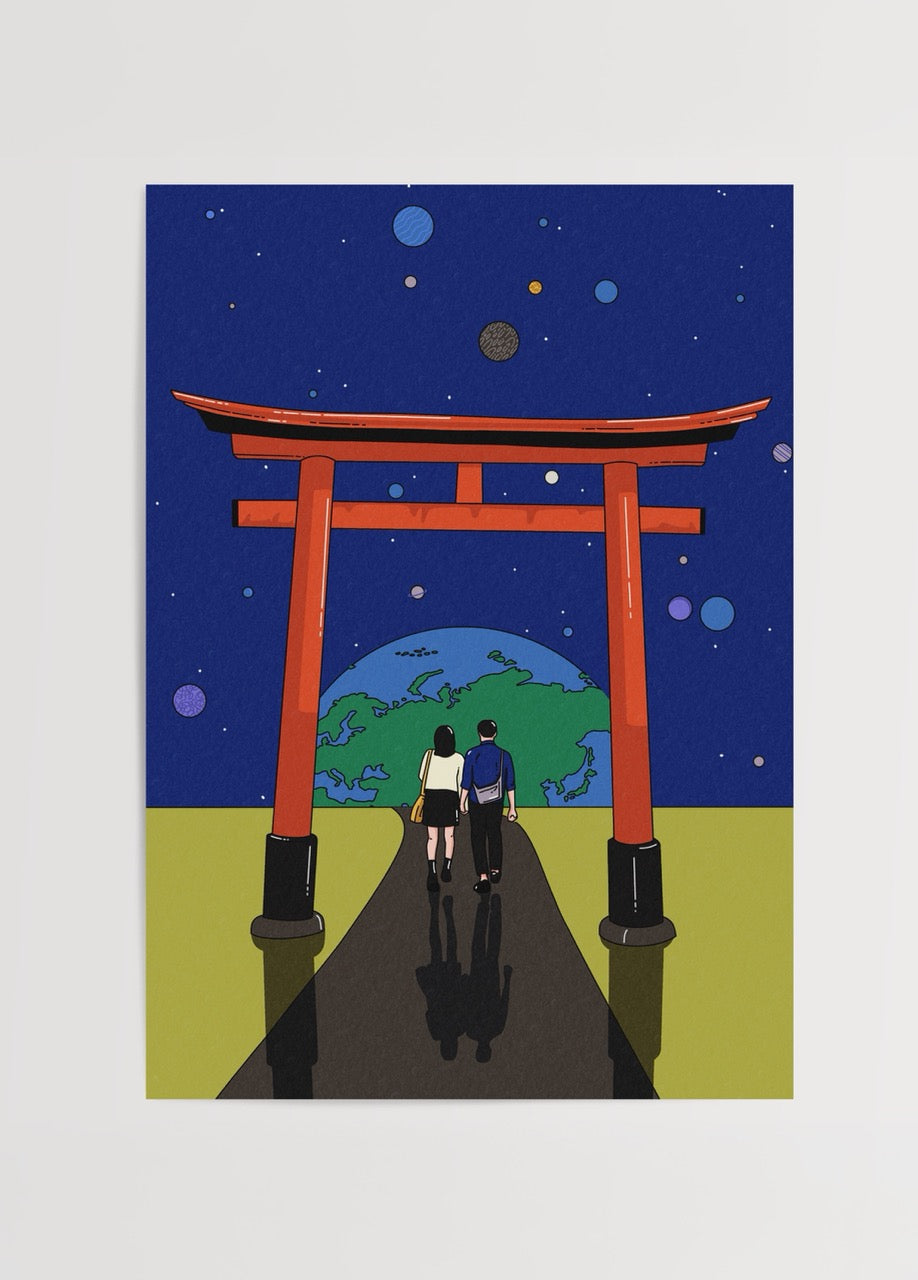 Japanese Torii Gate illustration poster print featuring vibrant colours.