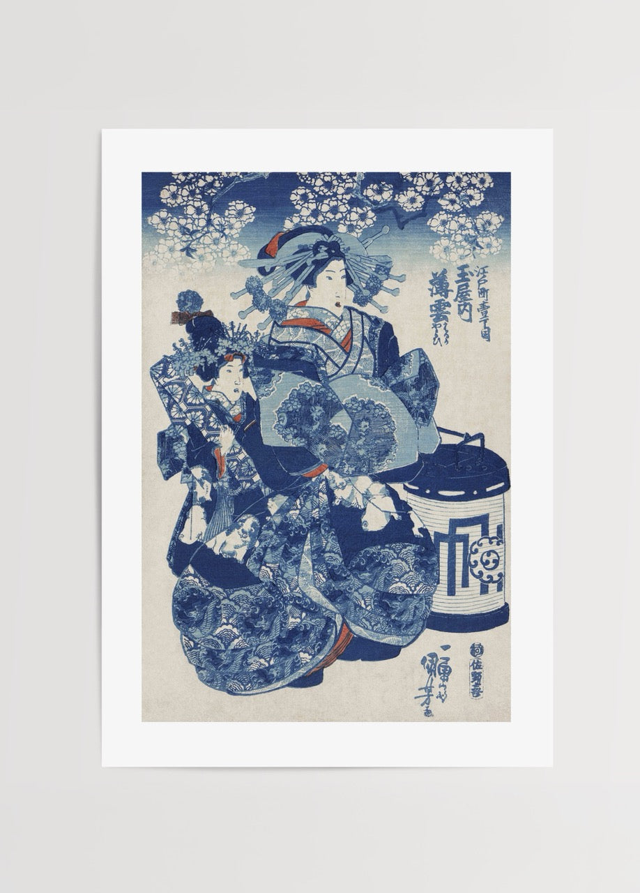 Traditional Japanese Ukiyo-e artwork featuring two figures in elaborate clothing with a decorative lantern.