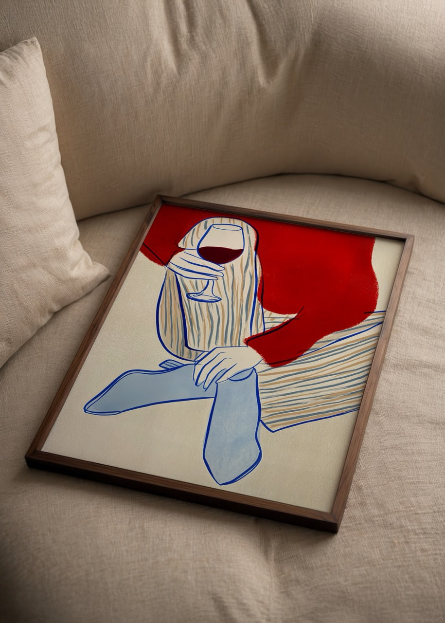 Art print featuring a figure holding a glass, showcasing modern colours and style.