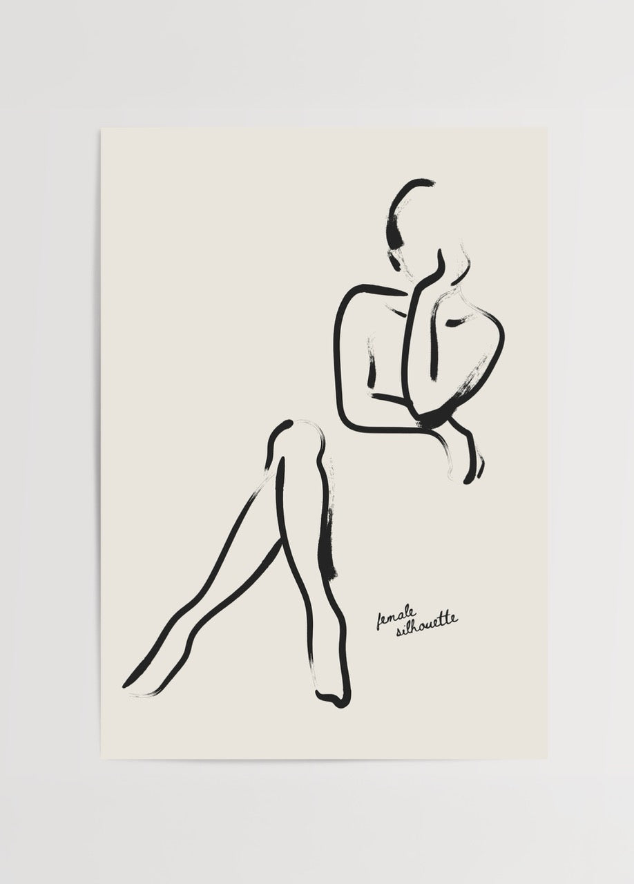 Elegant Female Silhouette Art Print featuring minimalist black lines on a light background.