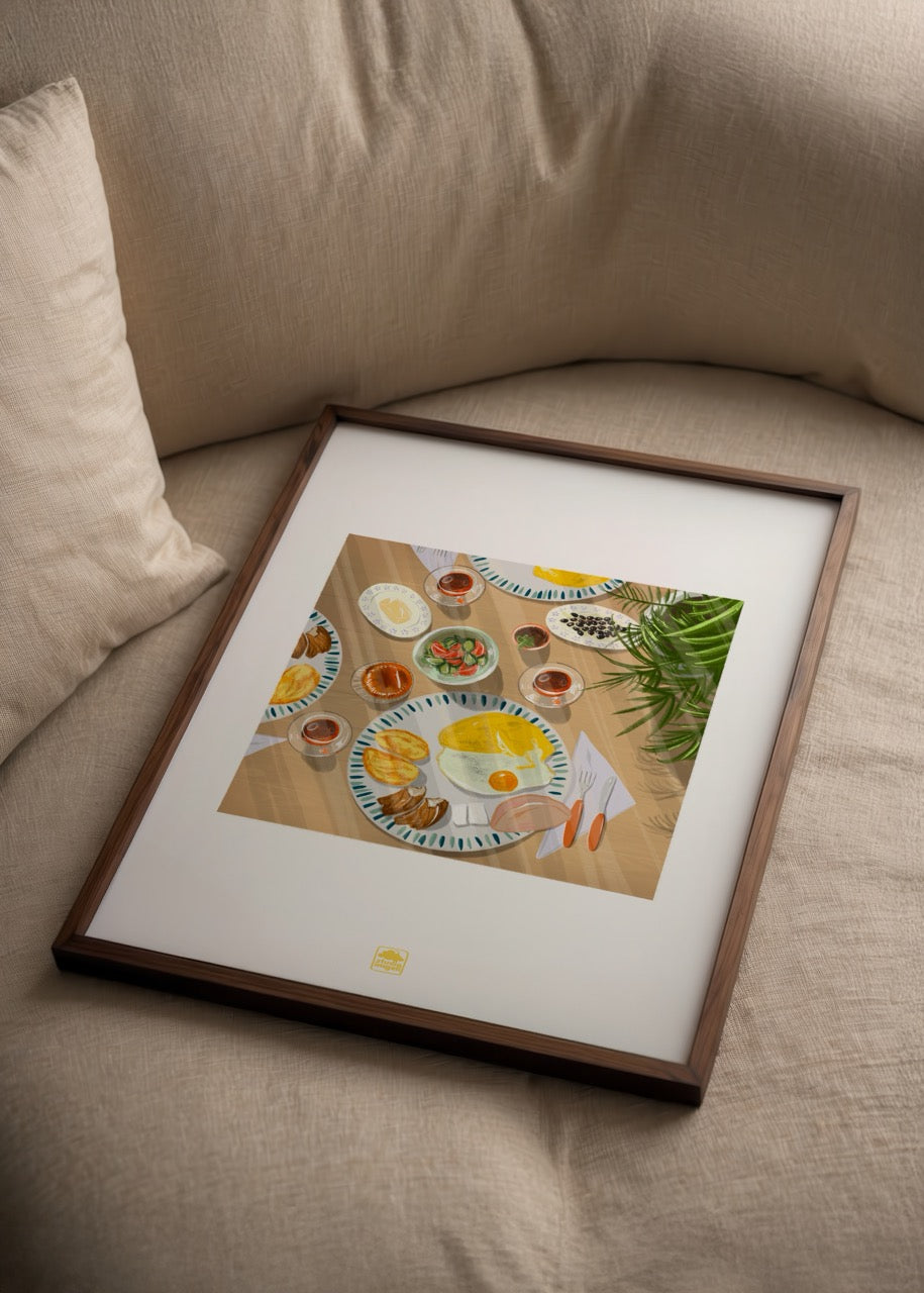 A vibrant illustration of a breakfast spread featuring eggs, vegetables, and drinks.