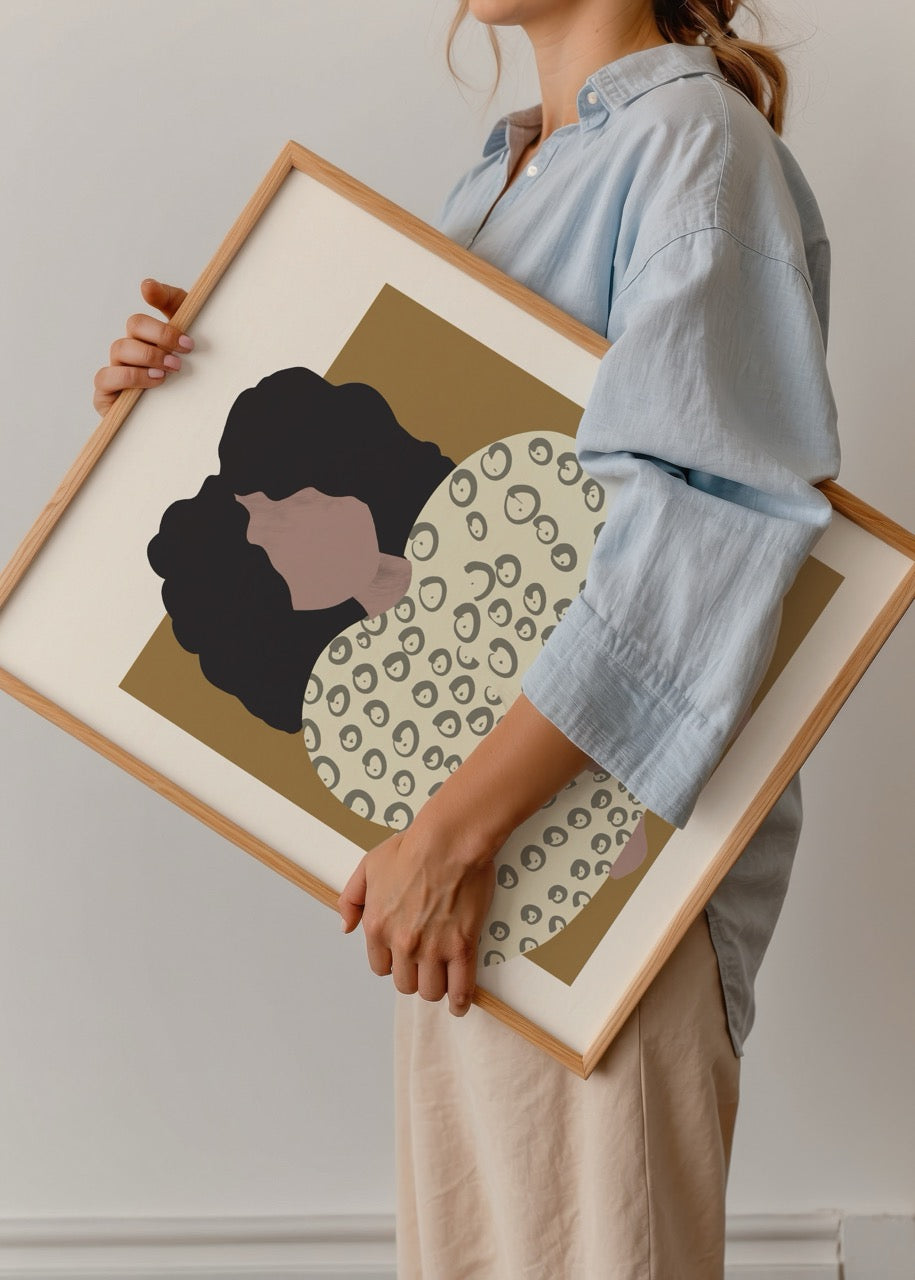 Chic art print featuring a female figure with a patterned outfit and brown background.