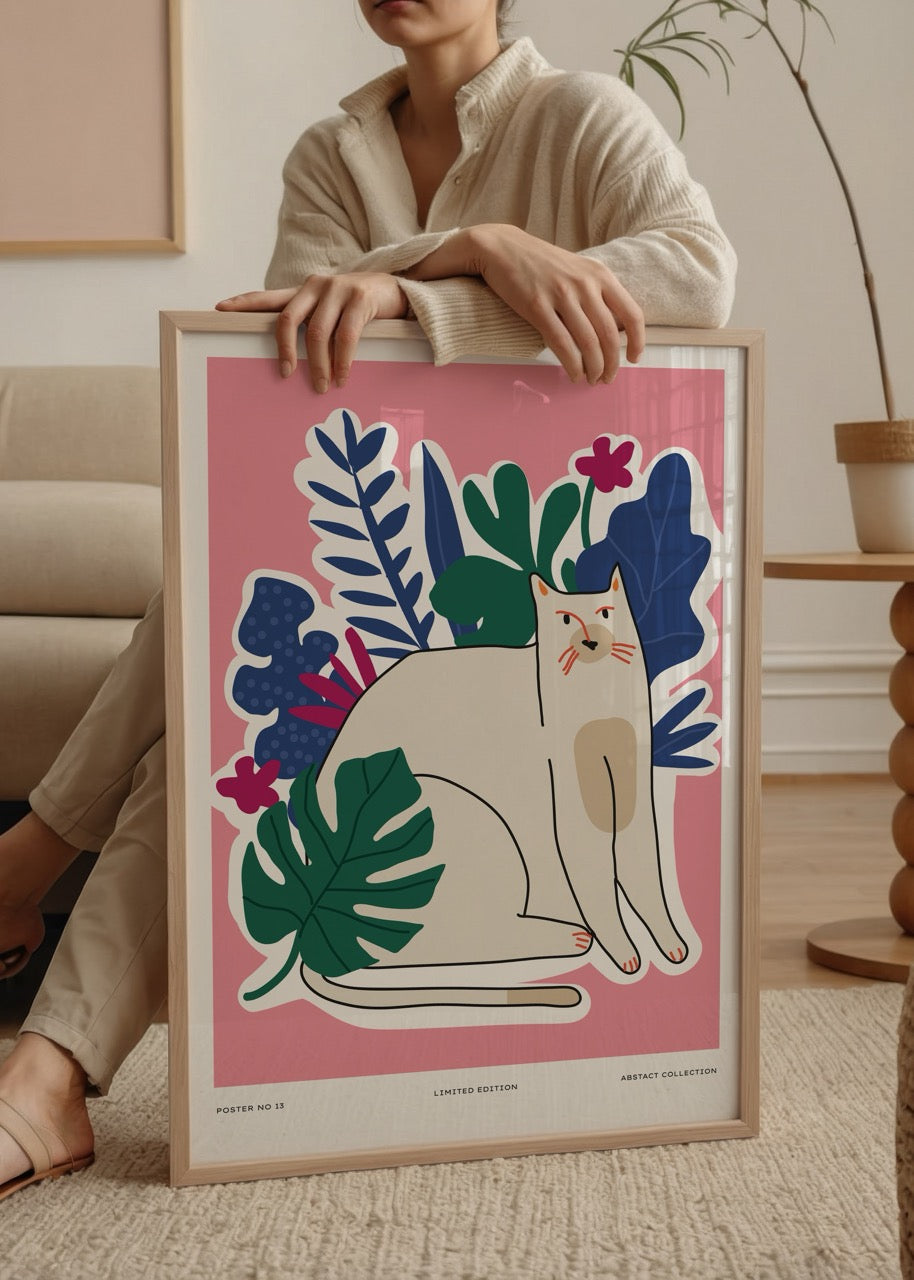 Art print featuring a whimsical cat amid colorful foliage on a pink background.