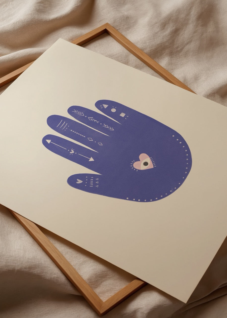 Stylised hand illustration with patterns and a heart on a beige background.