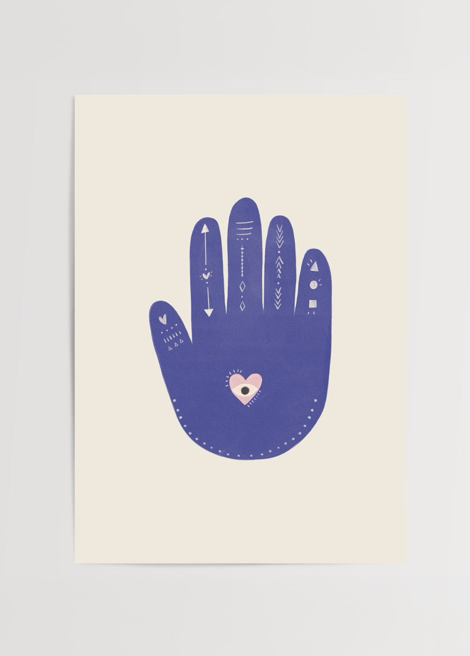 Stylised hand illustration with patterns and a heart on a beige background.