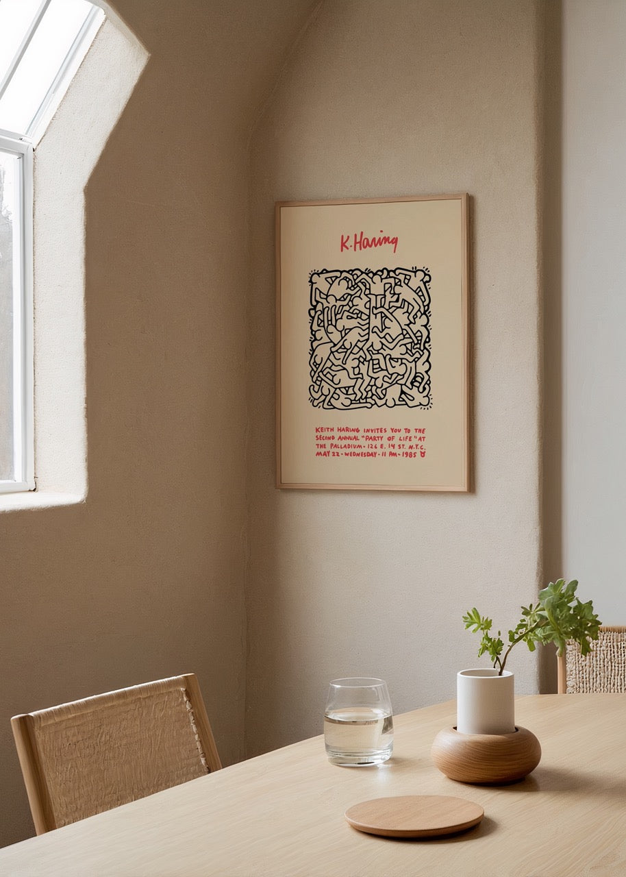 Colorful wall art featuring playful abstract forms and intricate lines.