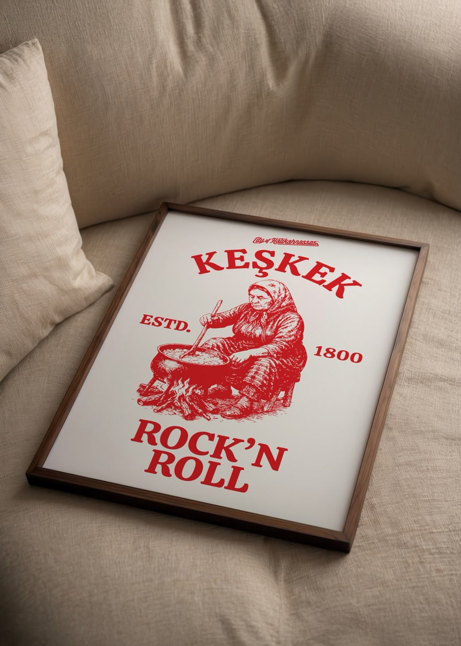 Vibrant red Keşkek poster print depicting traditional cooking, perfect for kitchens.