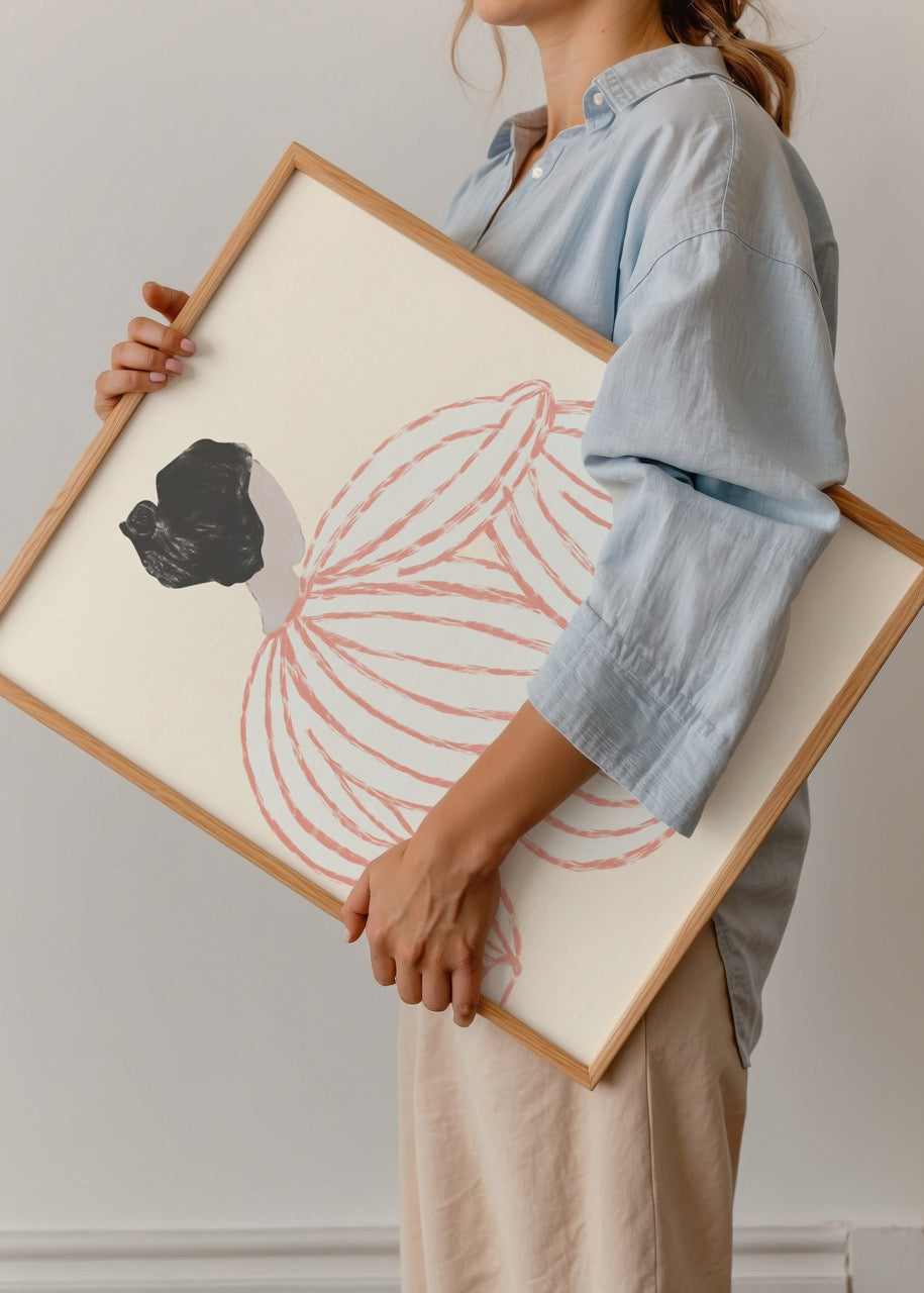 A minimalist illustration of a woman with red curved lines.