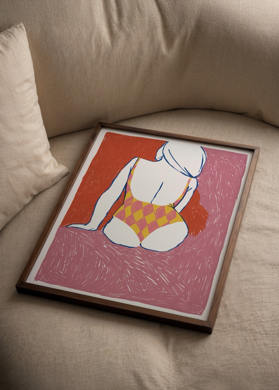 Artistic poster print of a woman in a red swimsuit, vibrant and stylish.