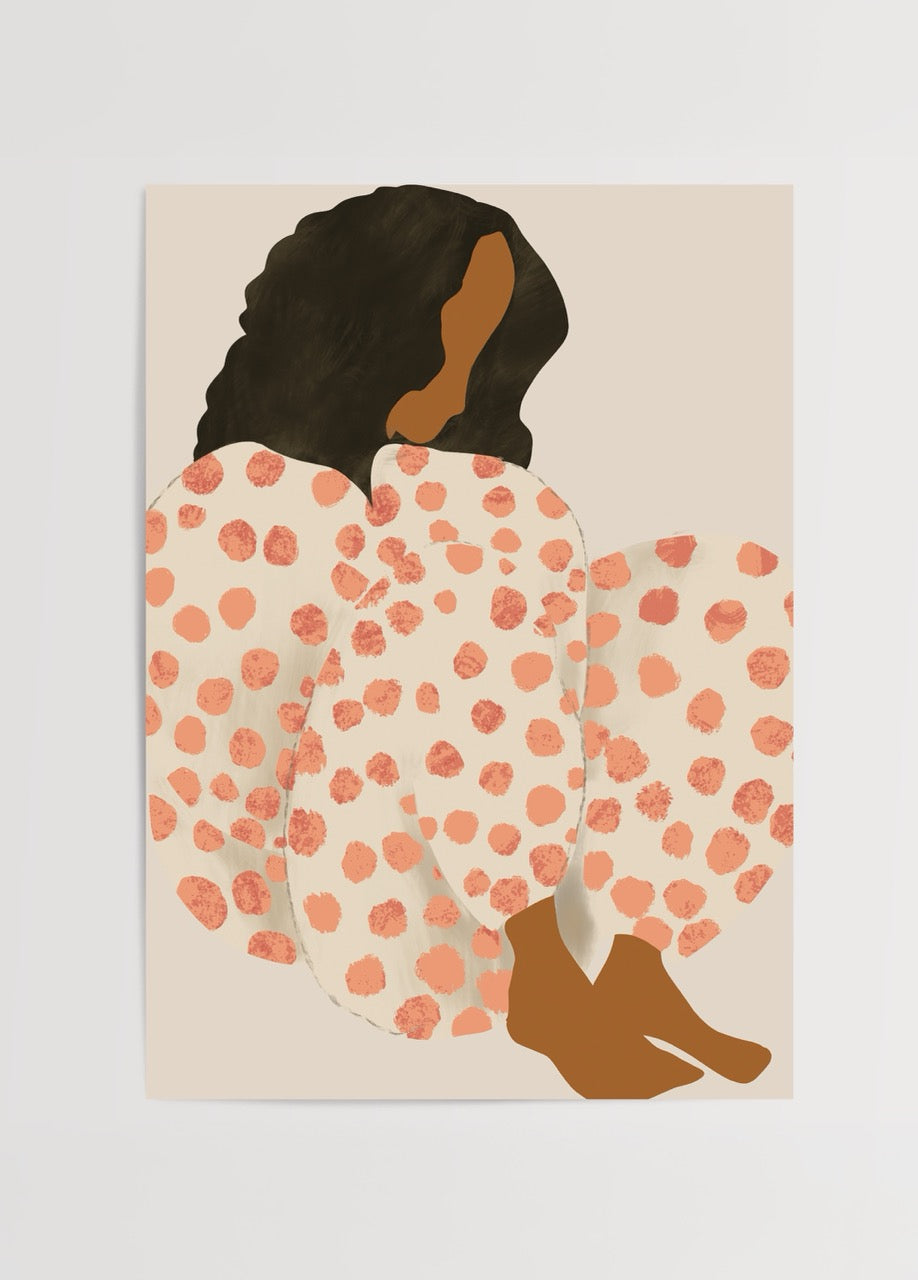 A woman illustration featuring elegant red dots on a beige background.