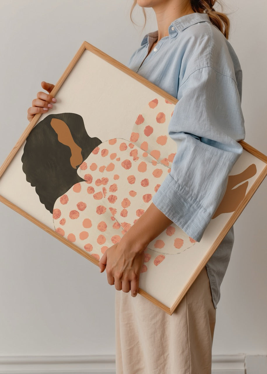 A woman illustration featuring elegant red dots on a beige background.