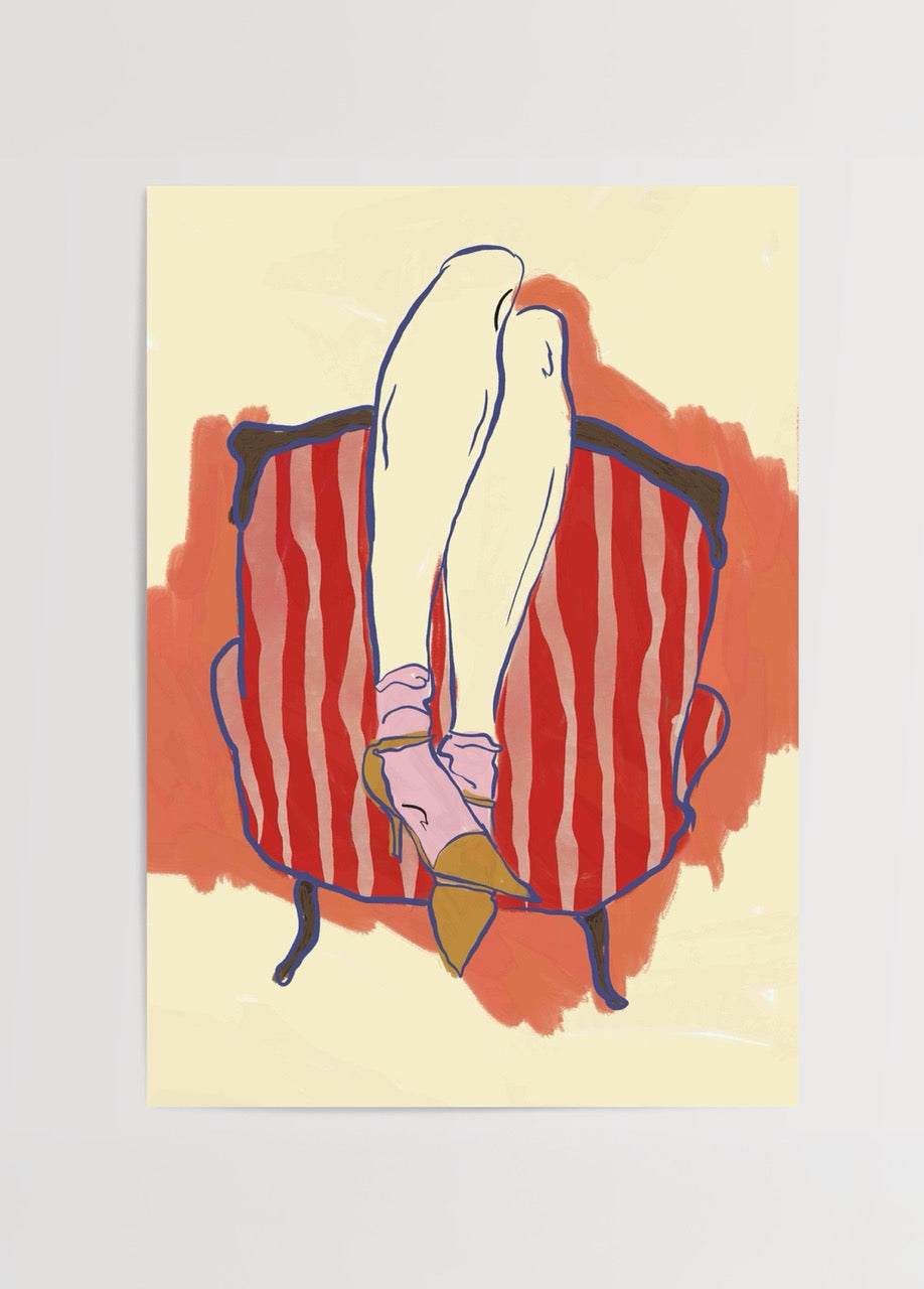 Illustrated poster print featuring legs on a striped red chair.