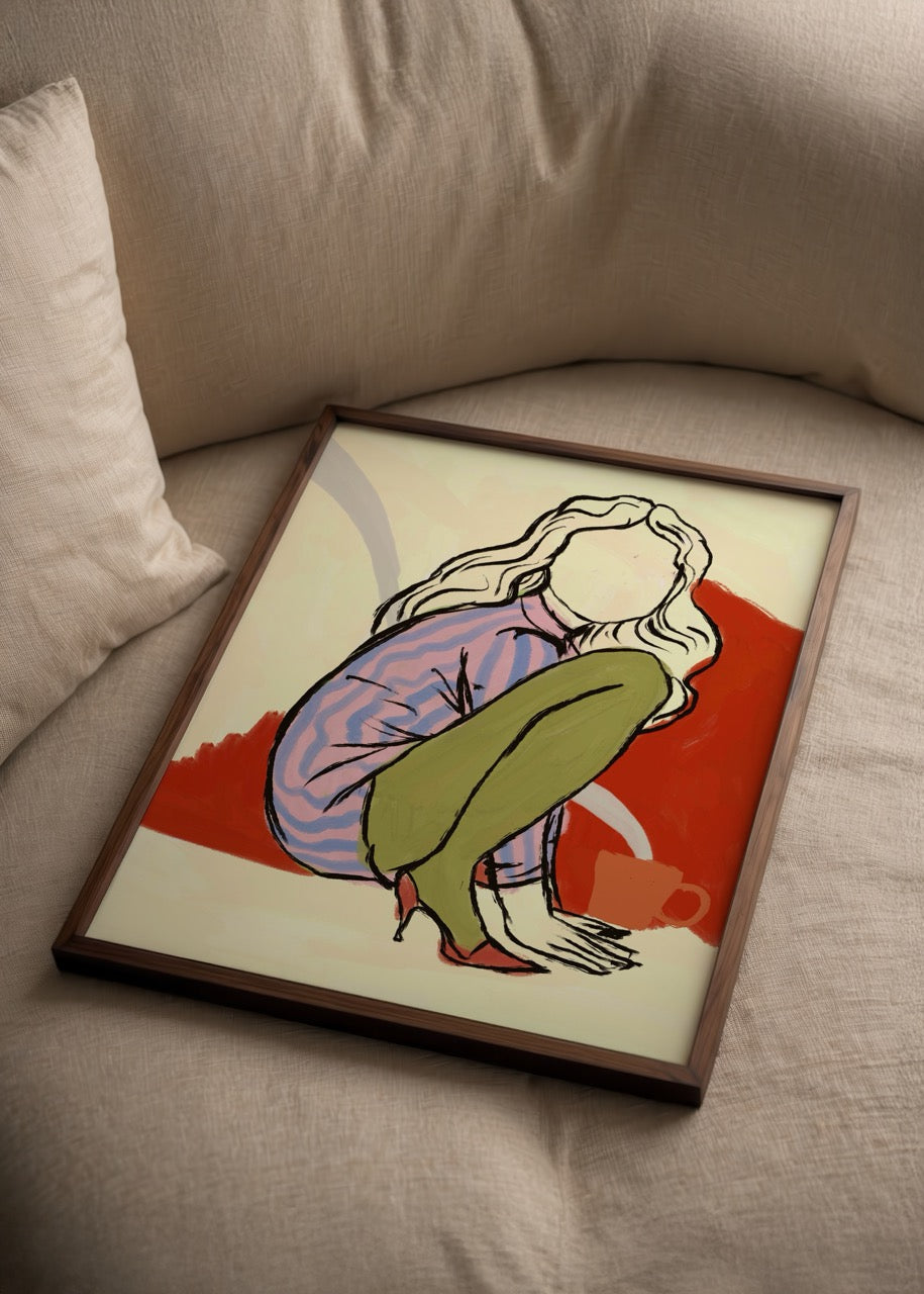 Illustrated poster featuring vibrant red tones and a stylish figure in a seated pose.