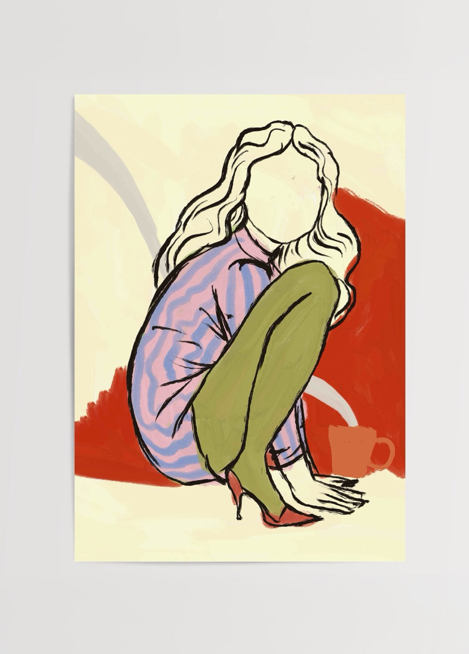 Illustrated poster featuring vibrant red tones and a stylish figure in a seated pose.