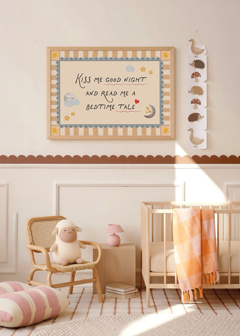 Goodnight Whispers poster featuring clouds, stars, and a crescent moon for children&