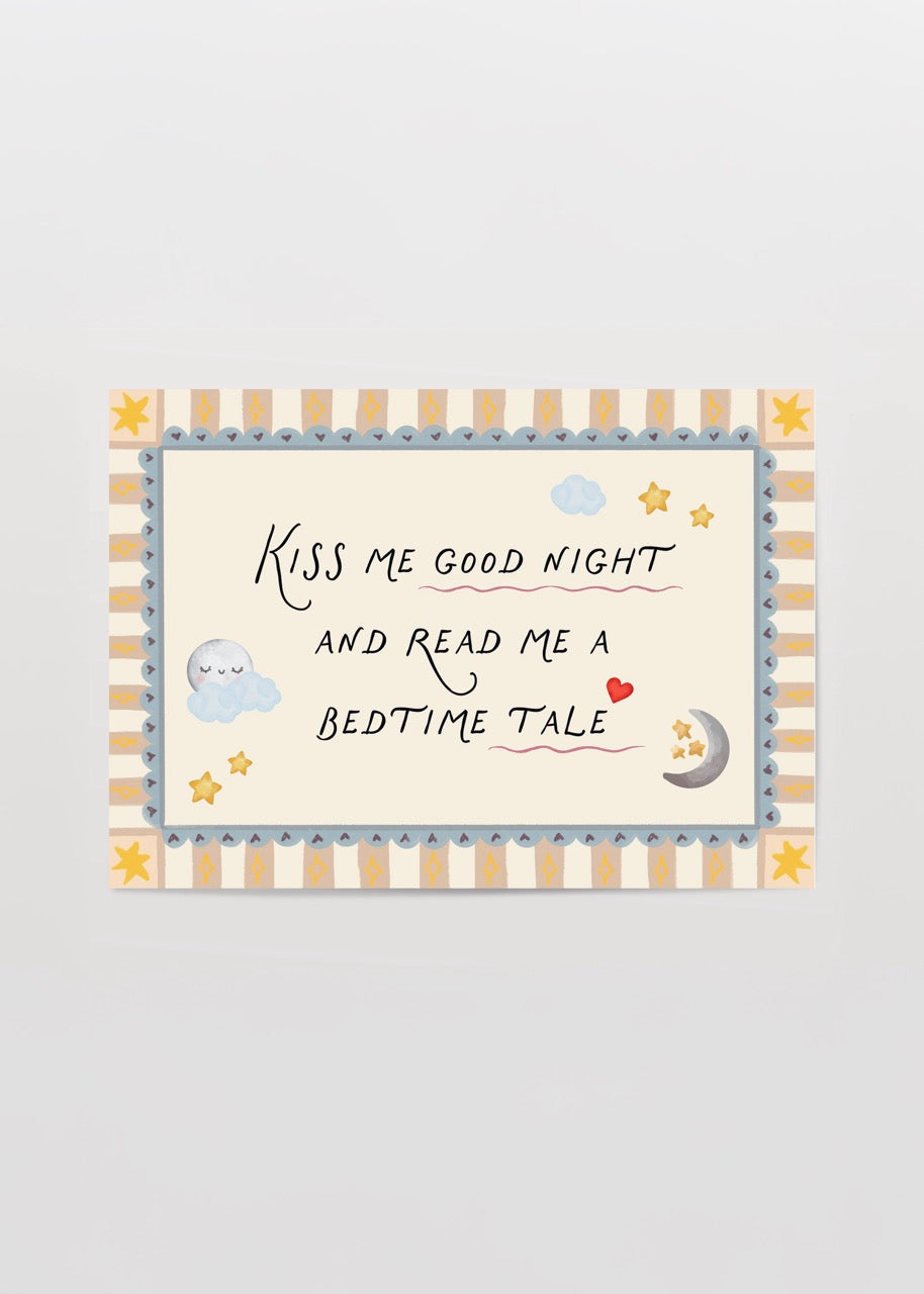 Goodnight Whispers poster featuring clouds, stars, and a crescent moon for children&