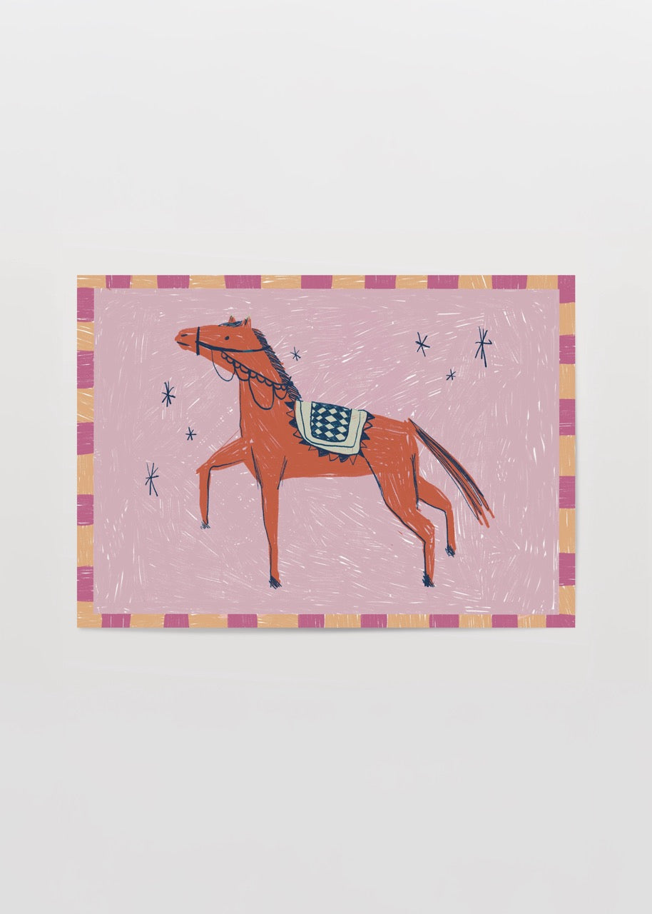 A vibrant illustration of a red horse on a pink background, perfect for playful wall art.