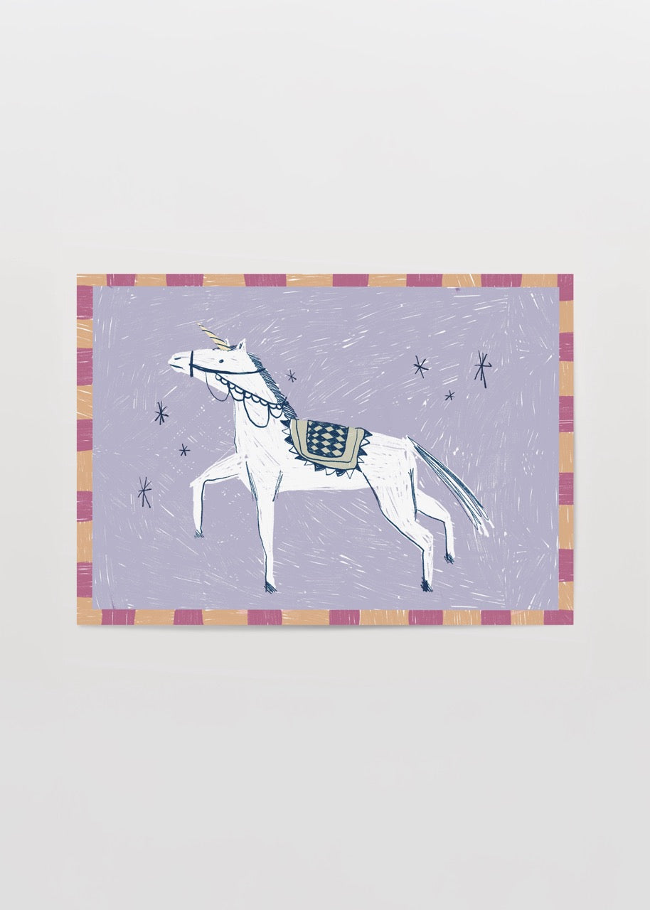 Whimsical illustration of a running white horse on a colourful background.
